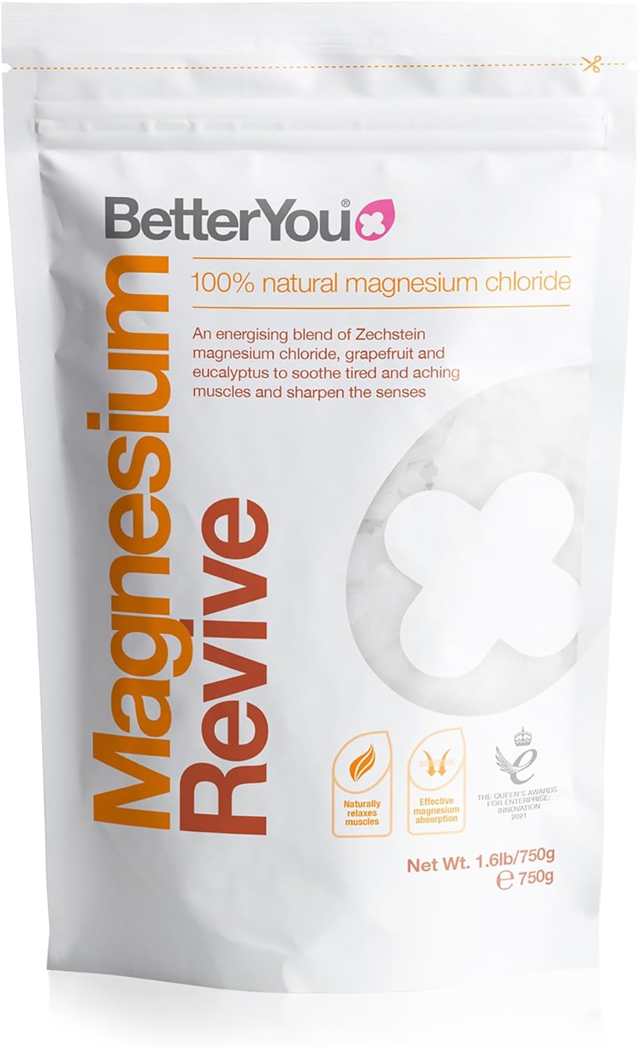 BetterYou Magnesium Revive Bath Flakes - Bath Salts with Magnesium - Energizing Grapefruit and Eucalyptus - Muscle Soothing and Skin Health - 1.6 lb