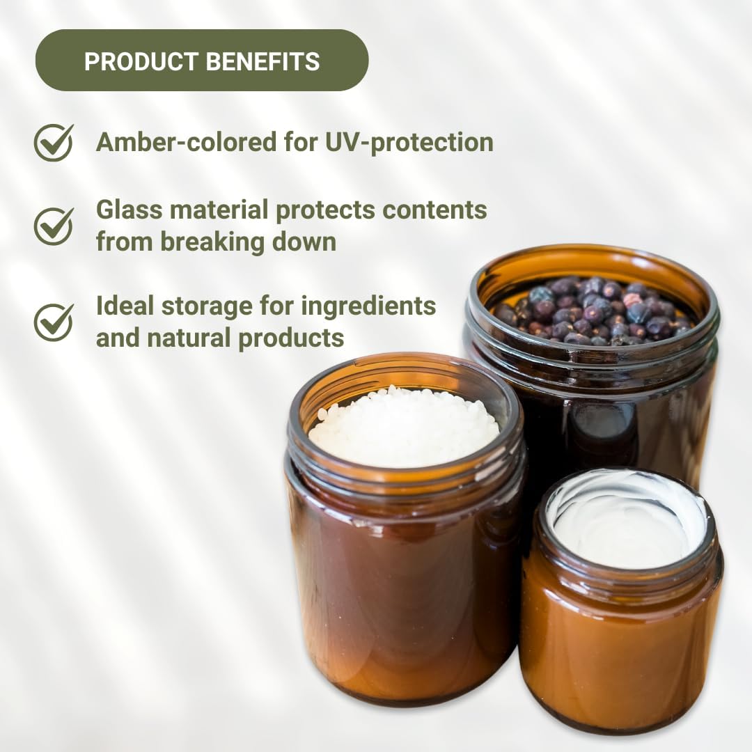 Glass Amber 1oz Jar - 12 Packs, Lead-Free Empty Round Jars For Beauty Products, Lotion, and Powders - Black Lid - Small Candle Jars