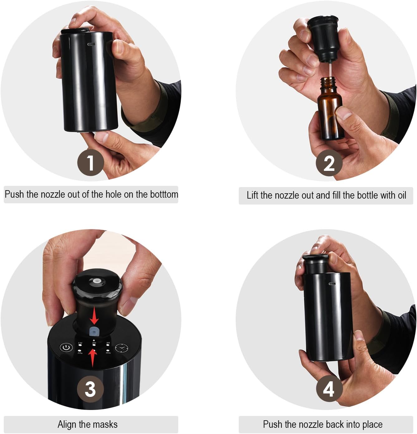 Waterless Essential Oil Diffuser with 20ml Capacity, Cordless Diffusers with 3 Mist Levels & Timers for Home Car Office
