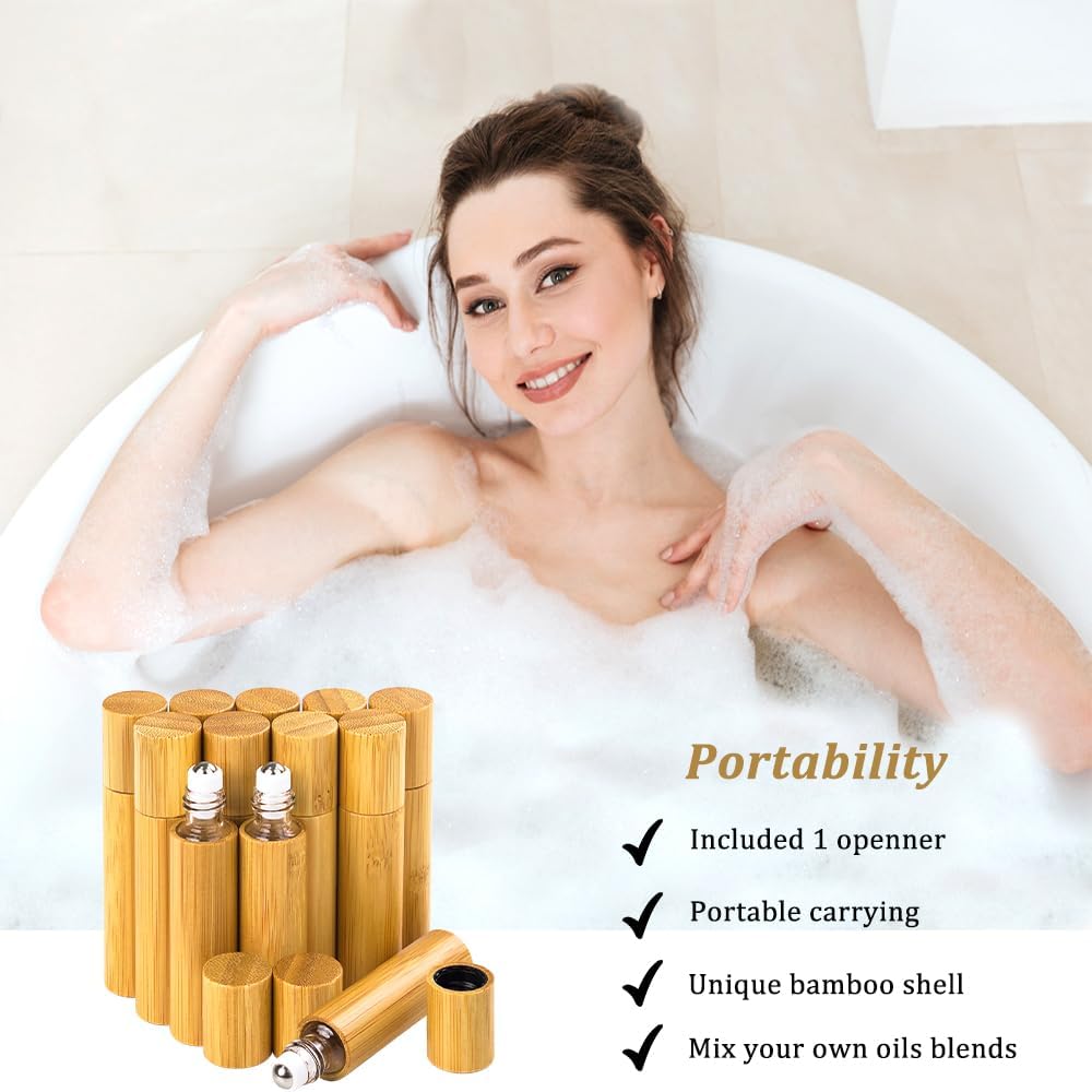 AUHOKY 12Pcs Bamboo Roll on Bottles for Essential Oils, Portable Massage Oil Bottle with Stainless Steel Roller Ball, Reusable Travel Perfumes Sample Lip Gloss Container (1 Opener) (10ML)