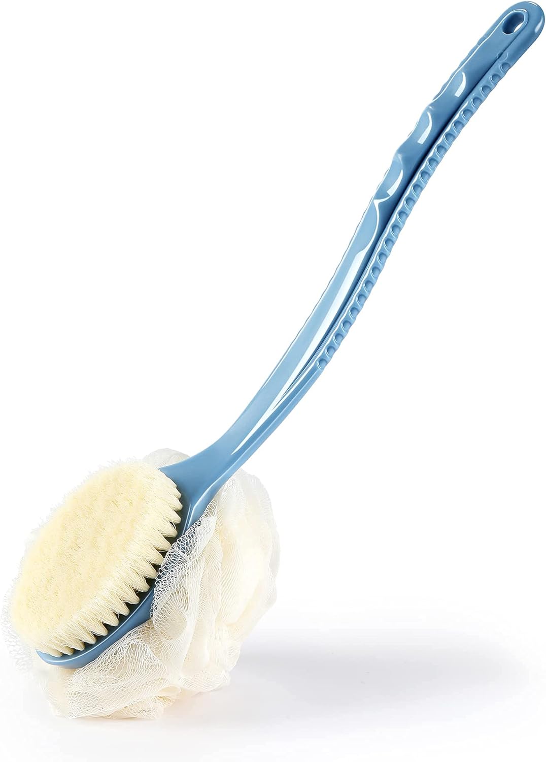 Shower Body Brush with Bristles and Loofah,Back Scrubber Bath Mesh Sponge with Curved Long Handle for Skin Exfoliating Bath, Massage Bristles Suitable for Wet or Dry, Men and Women (Blue)