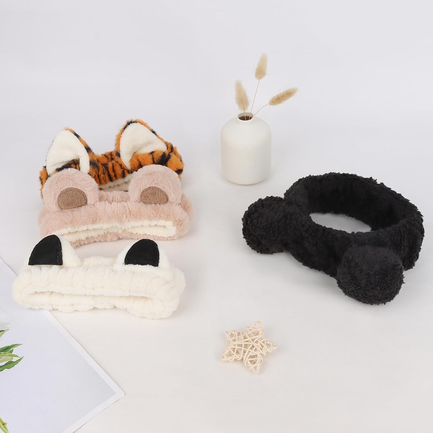 YISSION 4 PCS Plush Animal Headbands for Women & Girls, Cute Fuzzy Spa Headbands with Ears (Bear, Tiger, Cat Styles), Soft Elastic Hair Bands for Washing Face, Makeup, Skincare, Daily Wear