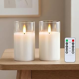 Amagic 3"x5" Clear Glass Flameless Candles Battery Operated with Timer, Remote Control, LED Pillar Candles, Battery Powered, Valentine's Day Decor, Pure White Wax, Set of 2