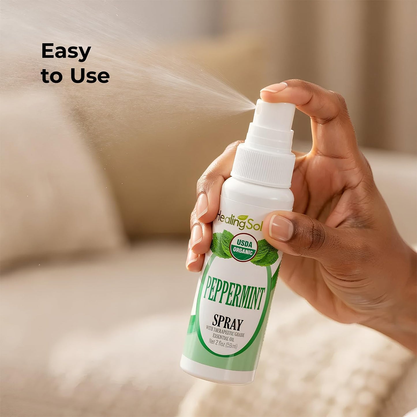 Healing Solutions - Peppermint Essential Oil Spray, (2 oz) USDA Certified Organic Aromatherapy Room & Linen Spray, Pillow & Bedding Mist, Shower Steam, Natural Peppermint Air Freshener