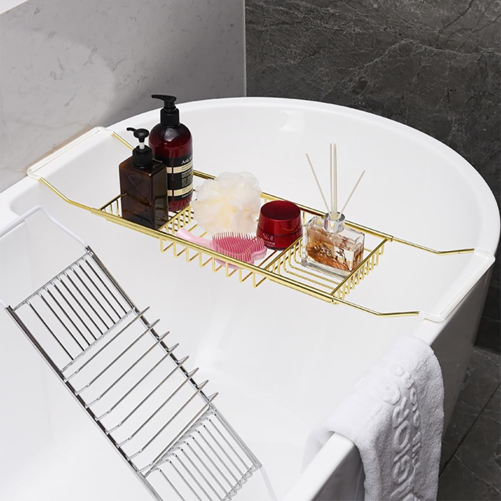Bathtub Tray,Stainless Steel Shower Bathtub Caddy Tray with Removable Book Holder Red Wine Rack Holder, for Home Kitchen Bathroom,Gold