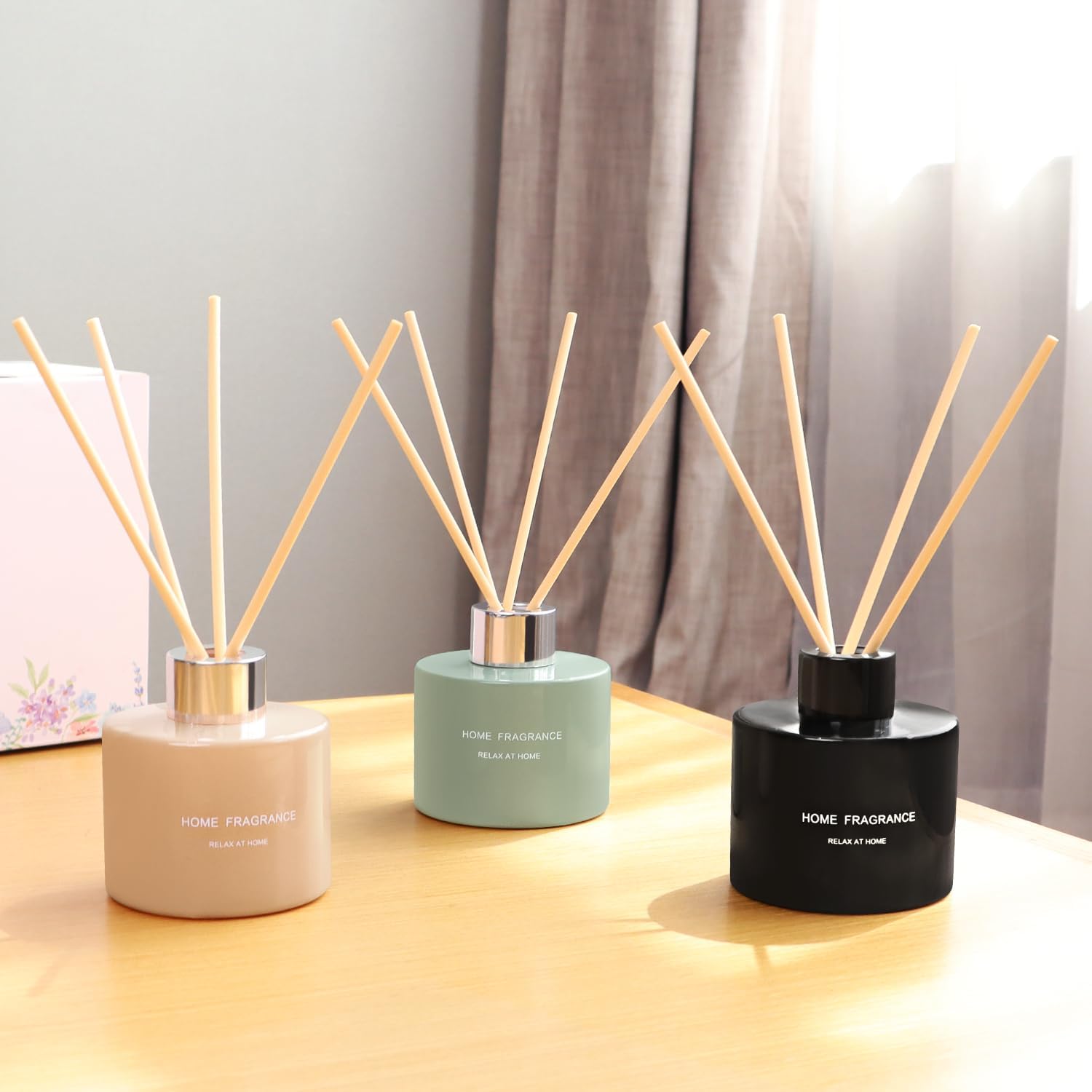3 Pcsk Reed Diffuser, 4.06 oz(120ml) Linen/Vanilla/Moroccan Amber, Scented Aromatherapy Diffuser with 12 Black Diffuser Sticks, Air Freshener for Home Bedroom Bathroom