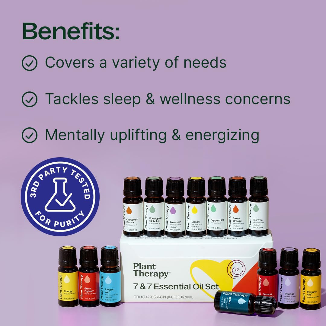 Plant Therapy 7 & 7 Essential Oils Set, 7 Most Popular Single Essential Oils Plus 7 Favorite Blends, Each 10 mL (1/3 oz), 100% Pure, Undiluted, Great for DIYs, Skincare and Essential Oil Diffusers