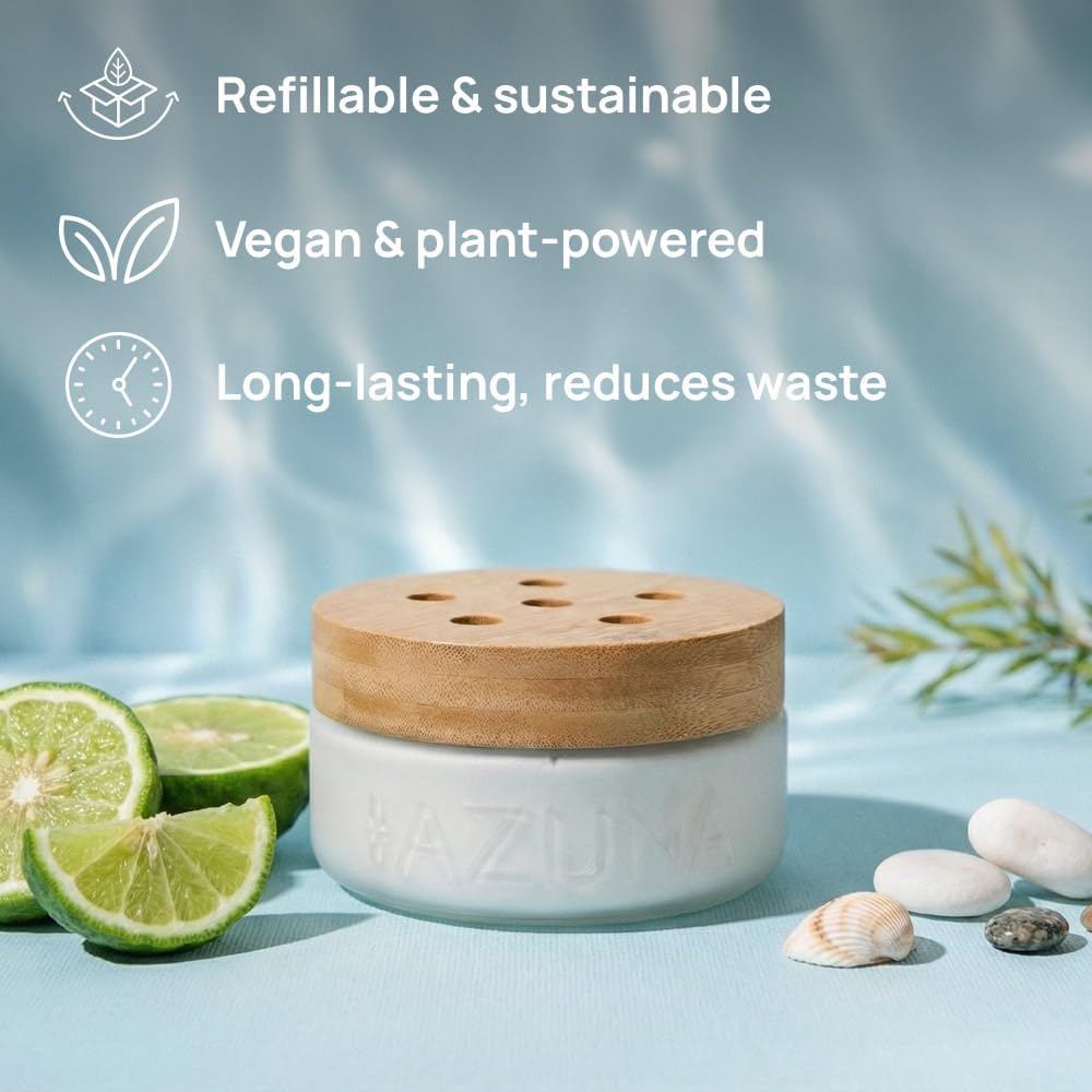 Azuna Air Freshener & Odor Eliminator for Strong Odor | 2 Room Kit Includes (2) 8 oz. Empty Luxe Glass Jars & 12 oz | Refill with Tea Tree Essential Oil Gel | Amalfi Breeze | Last 60-90 Days