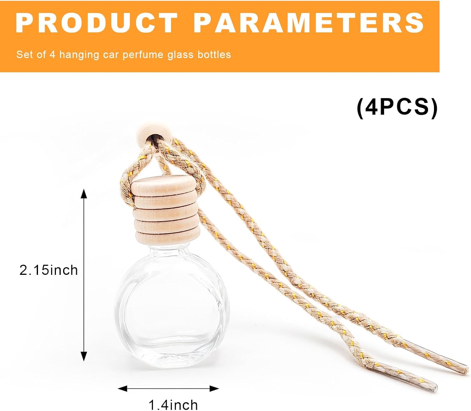 4 PCS Hanging Car Air Freshener, 10ml Empty Glass Perfume Bottle Pendant with Wooden Caps & Ropes, Essential Oil Fragrance Ornament Mini Interior Decoration for Most Vehicles (Oblate)