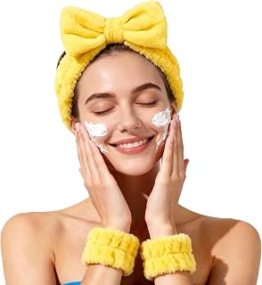 Fmeida Skincare Headband and Face Washing Wristband Set Spa hair band for Makeup, Shower -Yellow,3 Pack