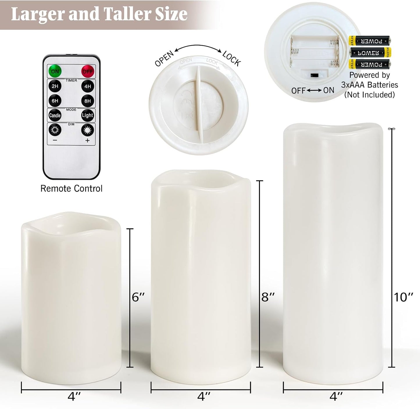 6" 8" 10" x 4" Large Waterproof Outdoor Flameless Candles Battery Operated LED Pillar Candles for Indoor Outdoor Lanterns, White, Long Lasting, Set of 3