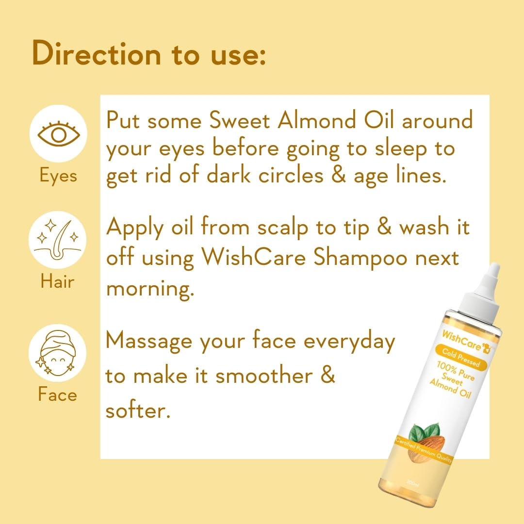 WishCare Pure Cold Pressed Sweet Almond Oil for Hair and Skin, 200ml