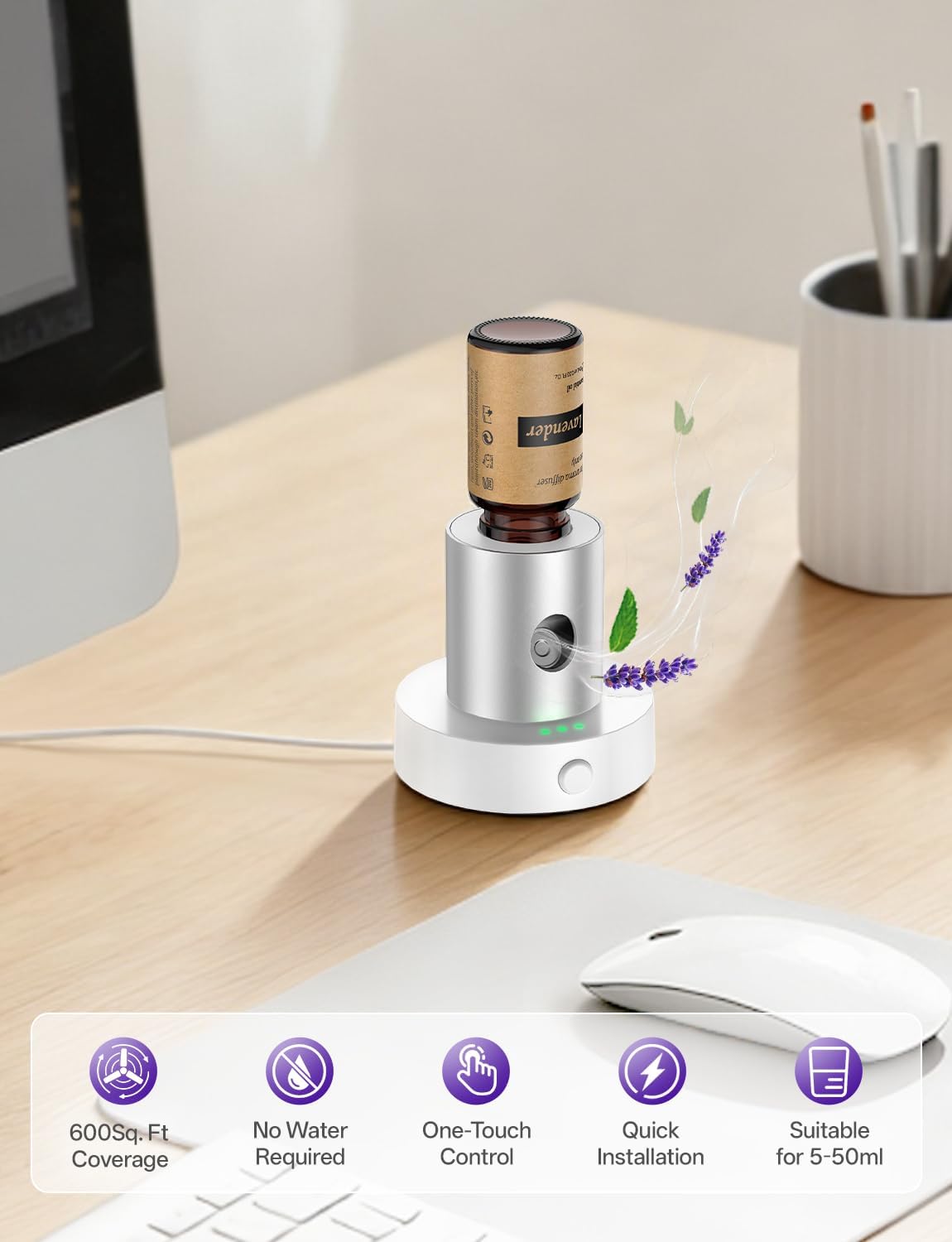 Mini Waterless Nebulizing Essential Oil Diffuser with 10ml Lavender Oil for Aromatherapy, Small Portable with Air Mist and Scent for Home, Room, Hotel, Desk, Office, Travel - Silver