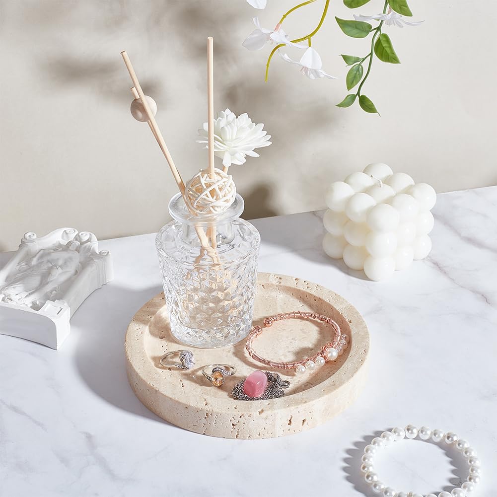 Natural Travertine Candlestick Holder 6'' Diameter Round Stone Jewelry Display Plate 1'' Thick Candle Tray with 8 Adhesive Silicone Bumper Minimalist Modern Plate Holder Home Decor