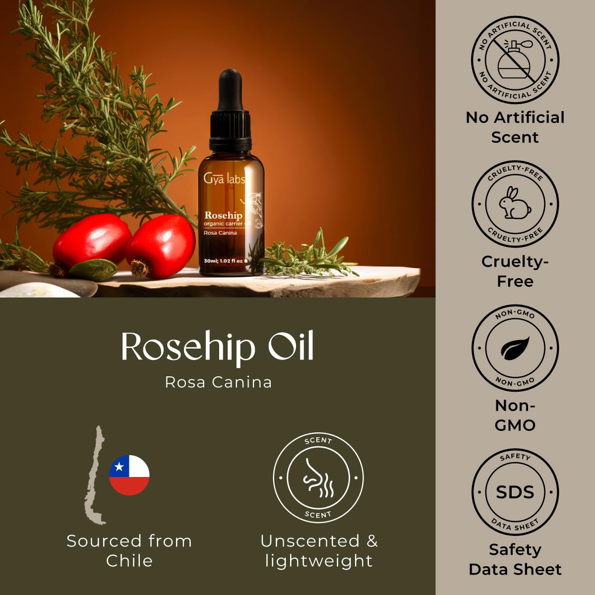 Gya Labs Rosehip Oil - 1 Fl Oz - Carrier Oil for Hair, Skin, Face, Scalp & Body Massage