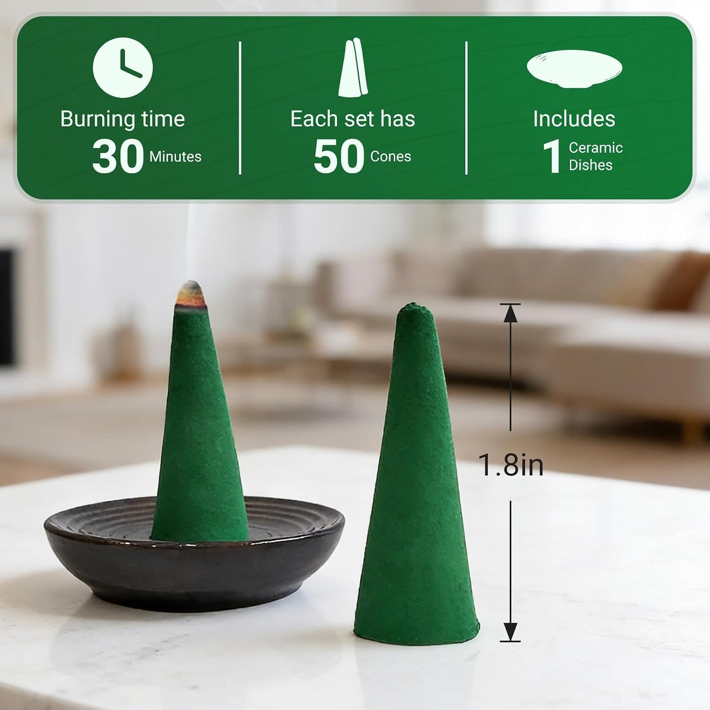 Citronella Incense Cones (50 Cones) Made with Plant Based Ingredients/Citronella Oil/Lemongrass/Rosemary Oil/Includes Ceramic Dishes