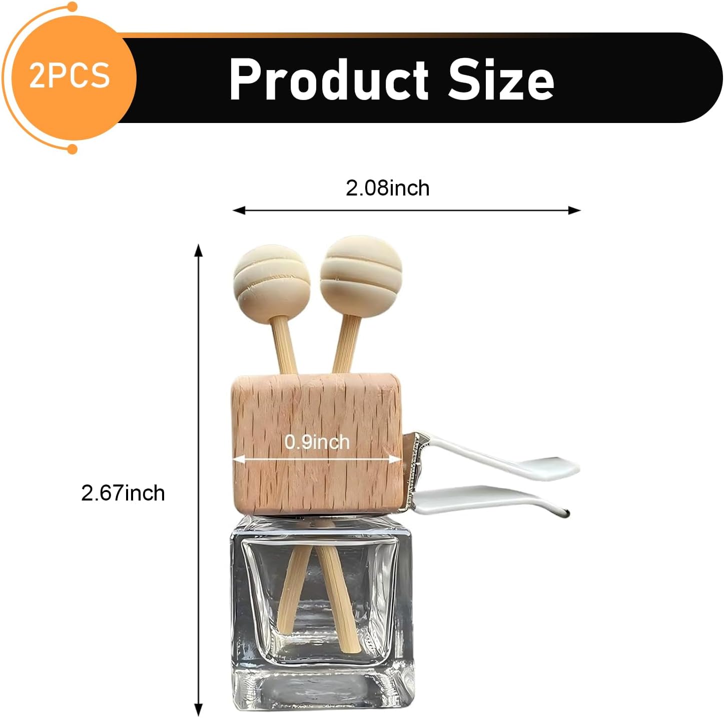 2 PCS Car Vent Diffuser Clips, Refillable Empty Glass Bottles with Natural Wood Cap & Stick, Anti-shake Decorative Air Outlet Holder, Interior Accessory for Most Cars (Transparent)