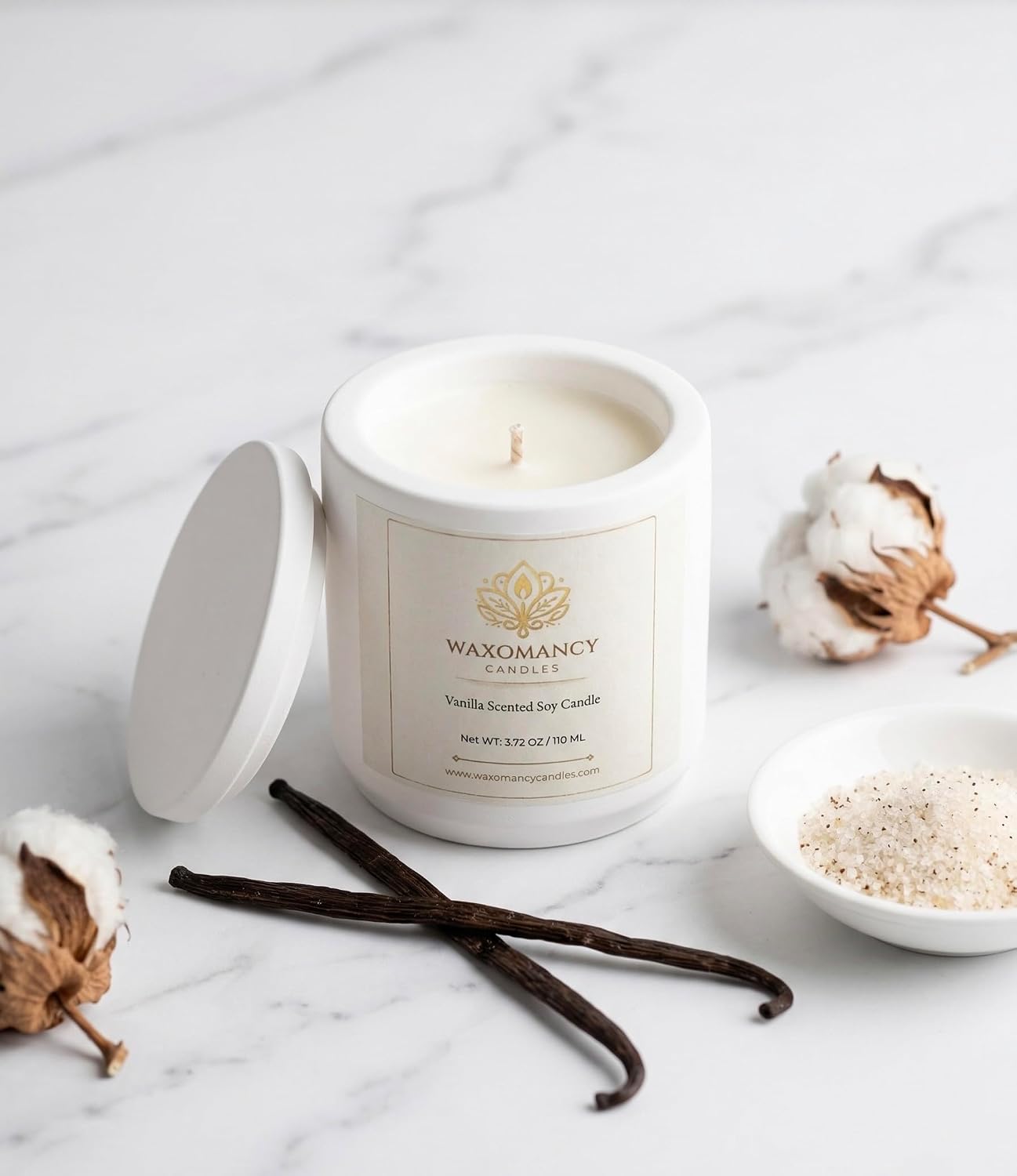 Vanilla Scented Soy Candle – 3.72 oz Hand-Poured Natural Candle in White Stone Jar with Lid – 100% Soy Wax – Home Décor, Relaxation & Gift