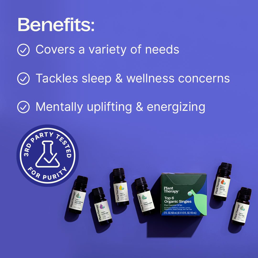 Plant Therapy Top 6 USDA Organic Essential Oil Set - Lavender, Peppermint, Eucalyptus, Lemon, Tea Tree 100% Pure, Natural Aromatherapy, for Diffusion & Topical Use, Therapeutic Grade 10 mL (1/3 oz)