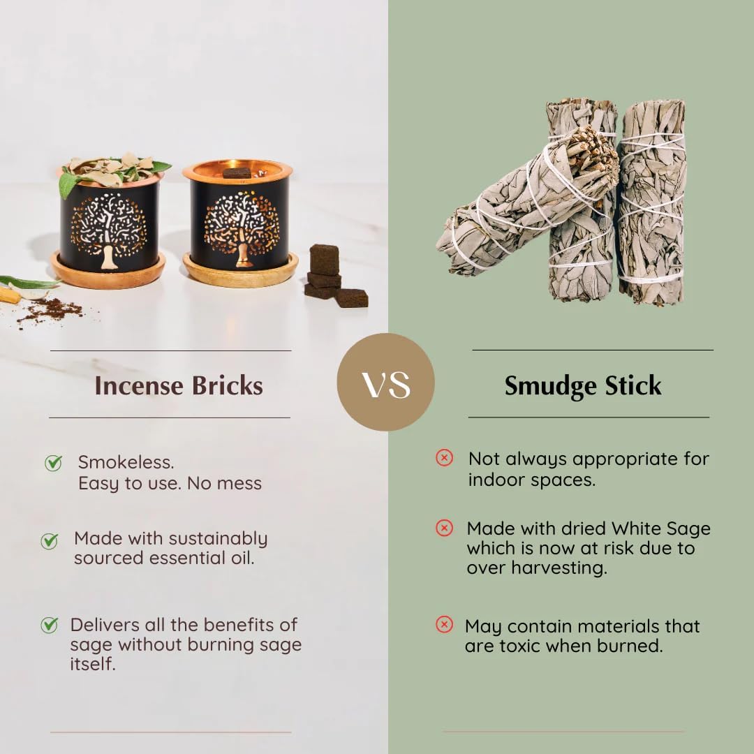 White Sage Incense Brick Gift Set by Aromafume | 12 Bricks & Tree of Life Exotic Burner | White Sage with Rose, Lavender, Palo Santo, Sandalwood, Frankincense | Sage for Cleansing, Smokeless Smudging