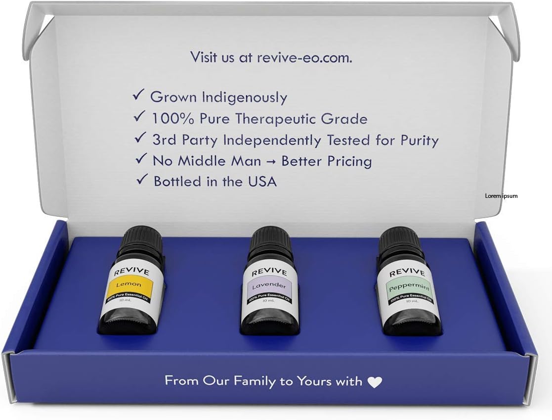 Top 3 Essential Oils Kit by Revive Essential Oils -100% Pure Therapeutic Grade, for Diffuser, Humidifier, Massage, Aromatherapy, Skin & Hair Care - Cruelty Free - Unrefined Oils with No Fillers