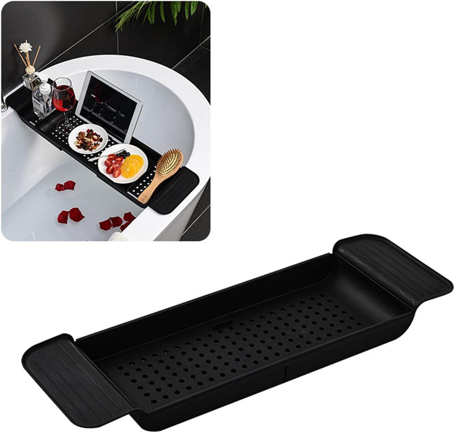 Expandable Bathtub Caddy Tray, Bath Bridge Tray Drain Bath Shelf Caddy Tray Plastic Bathtub Tray Book Phone Pad Holder Plastic Drain Bath Tub Tray Table Bath Shelf Tub Board Organizer Trays(Black)