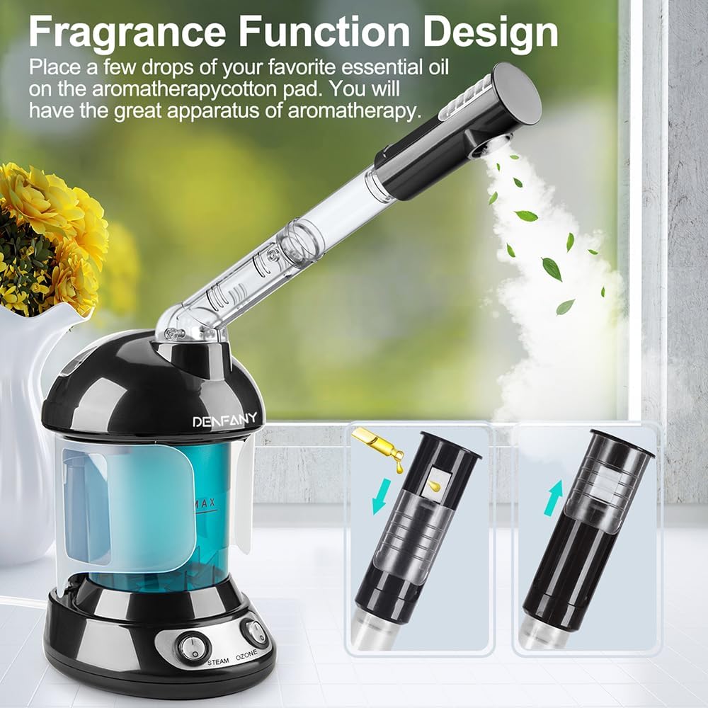 Facial Steamer - DENFANY Nano Ionic Face Steamer with Extendable 360° Rotating Arm - Portable Facial Steamer for Personal Care at Home or Salo （Black）