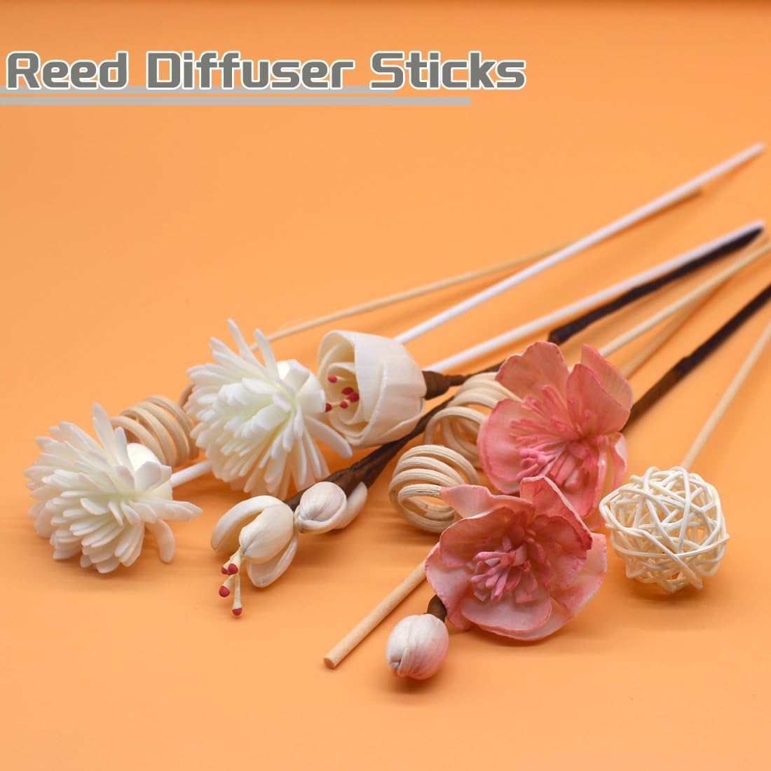 16Pcs Natural Rattan Reed Diffuser Sticks with Handmade Flowers, Aroma Fragrance Diffuser Refill Replacement Set, Strong Scent Absorption for Home Office Bedroom Decor