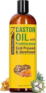 Seven Minerals Cold Pressed Castor Oil with Frankincense - 16 fl oz Bottle - Unrefined & Hexane Free - Hair Growth, Thicker Eyelashes & Eyebrows, Dry Skin Care, Joint and Muscle Relief (Pack of 1)