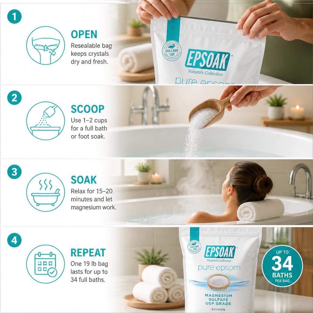 Epsoak Epsom Salt 19 lb. Magnesium Sulfate USP. Resealable Epsom Salt Bag Unscented, Made in The USA, Cruelty-Free Certified