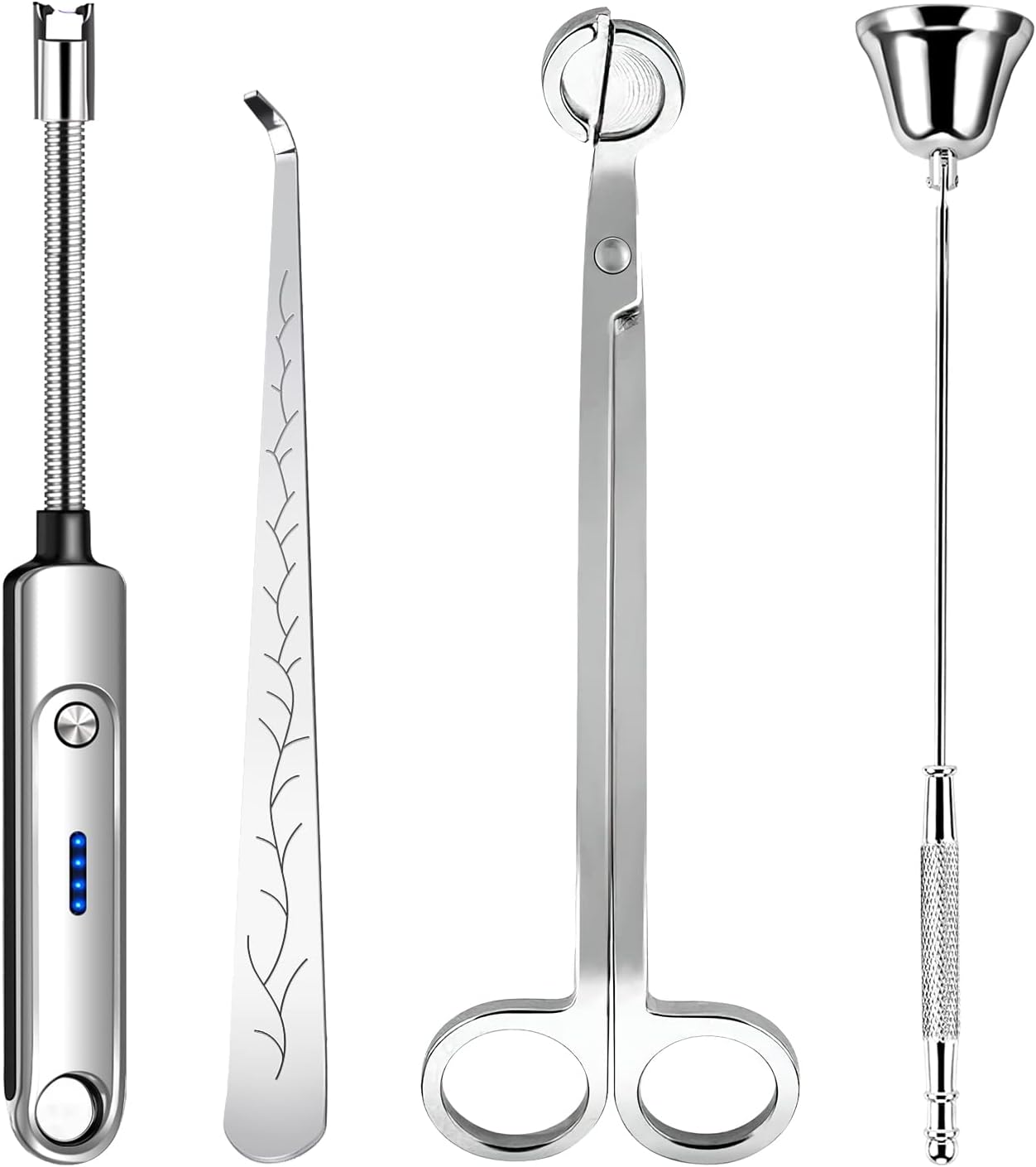4 in 1 Candle Accessory Set, Electric Lighter, Wick Cutter, Snuffer and Dipper, Steel Wick Trimmer Set - Silver