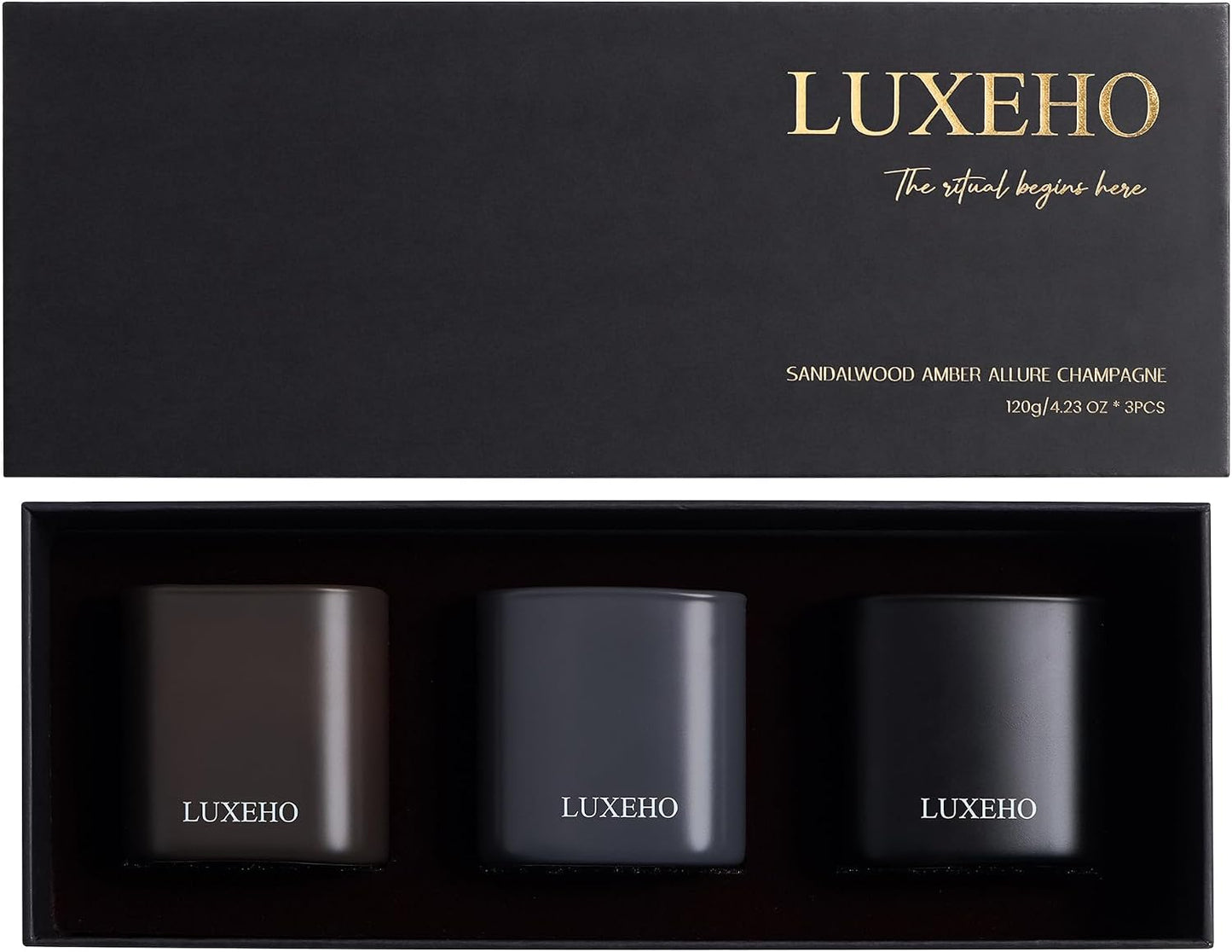 Luxury Scented Candle Set 3-Pack | Home Decor & Giftable Soy Candles | Champagne, Sandalwood & Amber | 75h Burn Time | Cotton Wick | Elegant Decorative Jars