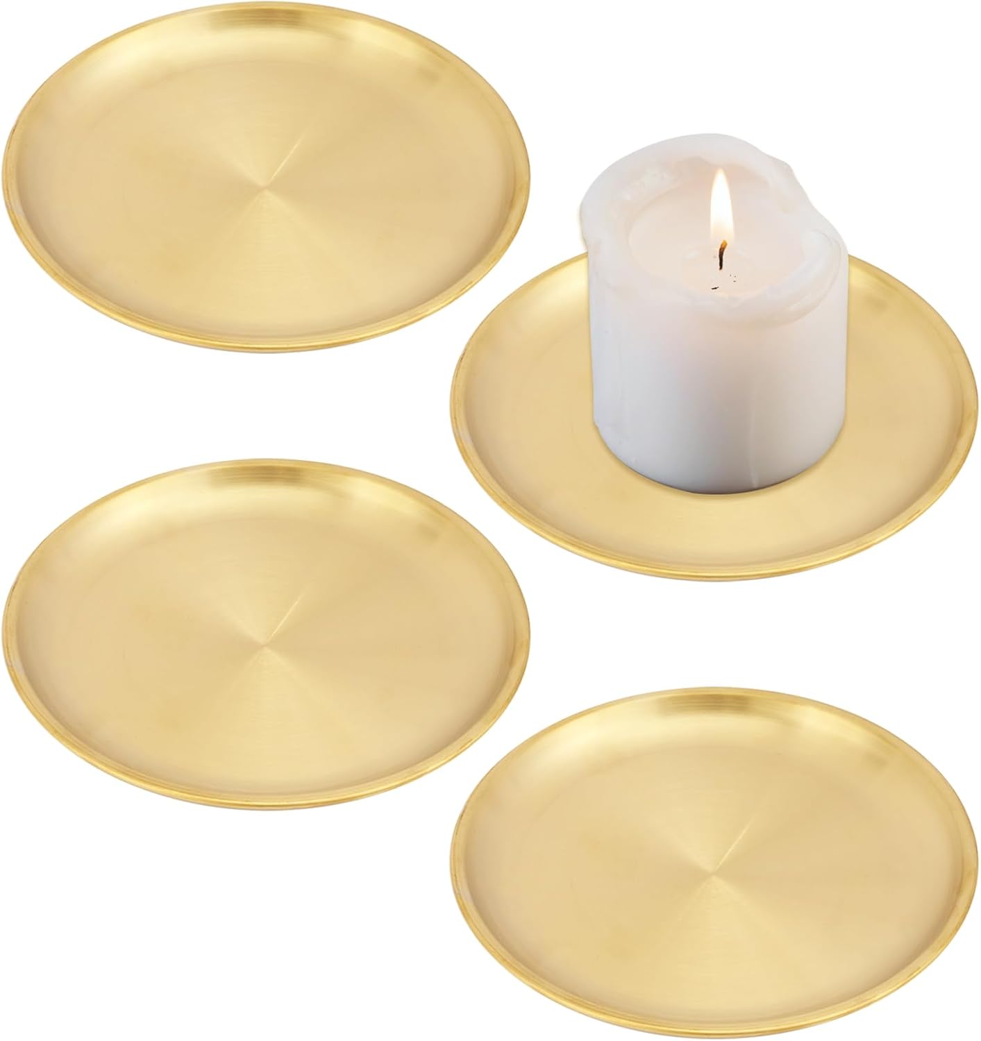 GLOBLELAND 4 Pcs 5.6 Inch Flat Round Metal Candle Holder Plate Golden Stainless Steel Jewelry Plates Gold Candle Holders Decor for Coffee Table Countertop Home Decorations