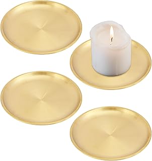 GLOBLELAND 4 Pcs 5.6 Inch Flat Round Metal Candle Holder Plate Golden Stainless Steel Jewelry Plates Gold Candle Holders Decor for Coffee Table Countertop Home Decorations