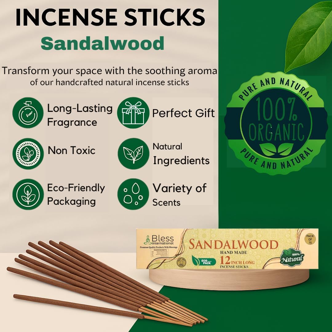 Bless-International-Sandalwood 100%-Natural-Handmade-Incense-Sticks Organic-Chemicals-Free-for-Relaxation-Positivity-Yoga-Meditation 12-Inches-1-Hour-Plus-Burning-Time-75-Sticks-7-OZ