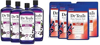 Dr Teal's Foaming Bath with Pure Epsom Salt, Black Elderberry with Vitamin D, 34 fl oz (Pack of 4) (Packaging May Vary) & Pure Epsom Salt Soak, Wellness Therapy with Rosemary & Mint, 3 lbs