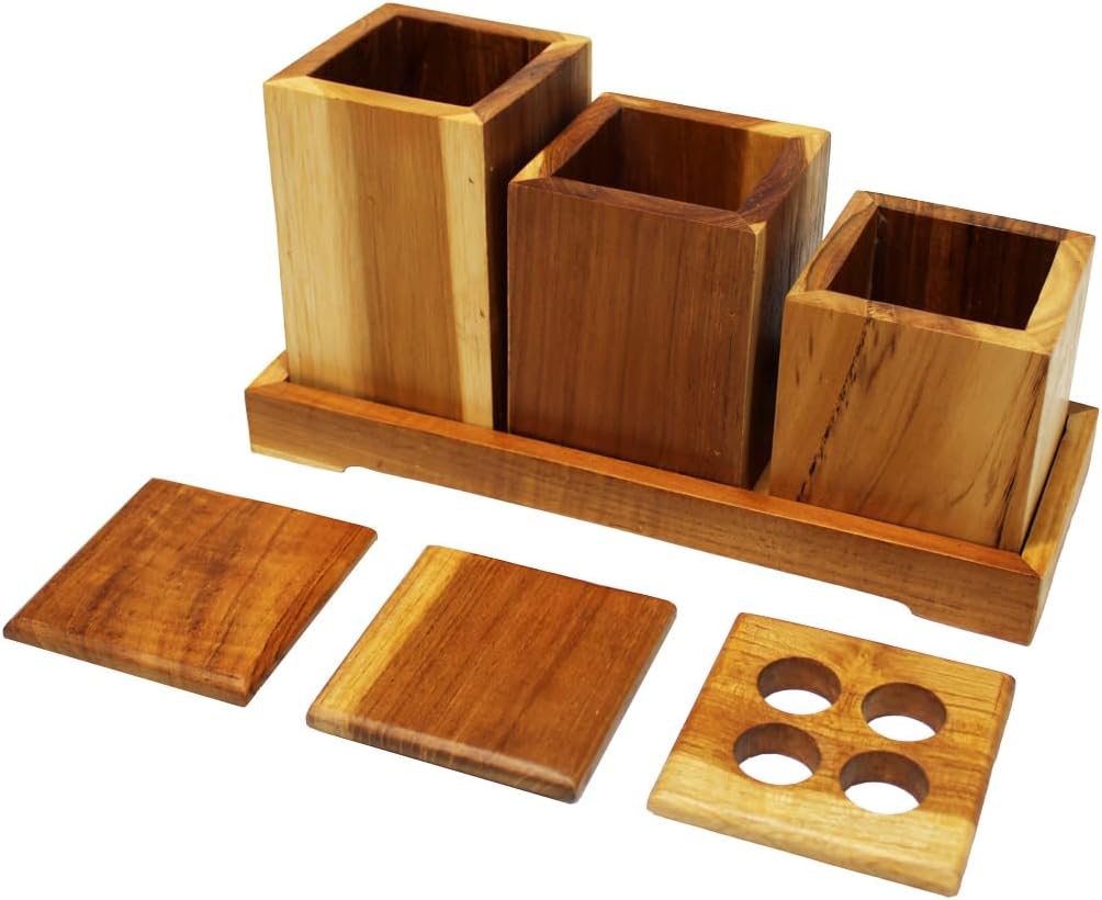 EcoDecors 29 inch Bath Caddy Tray for Bathtub with Eleganto 3 Piece Teak Wood Bath Amenities Set Bundle