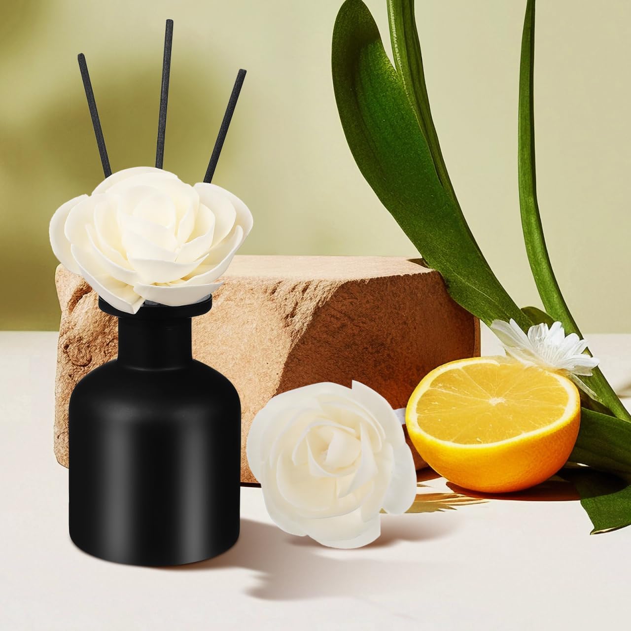2pcs Camellia Flower Diffuser Sticks Natural Material Aromatherapy Reed Wood Flowers Fragrance Refills with Cotton Wick for Home and Office Decor