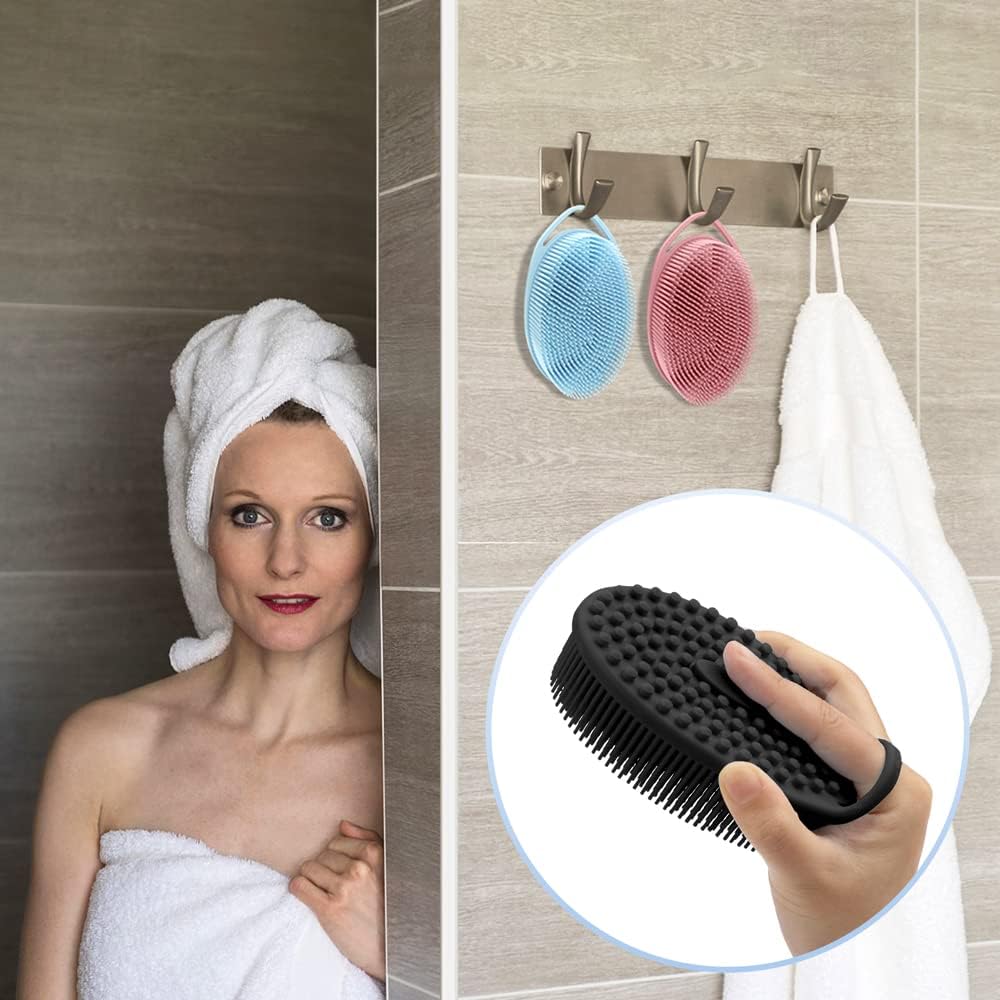 PQRUU 3 Pack Silicone Body Scrubber, Exfoliating Soft Loofah Bath Body Scrubbers for Use in Shower, Exfoliating Body Scrubber Fit for All Kinds of Skin, Rapid Foaming Black+Blue+Pink