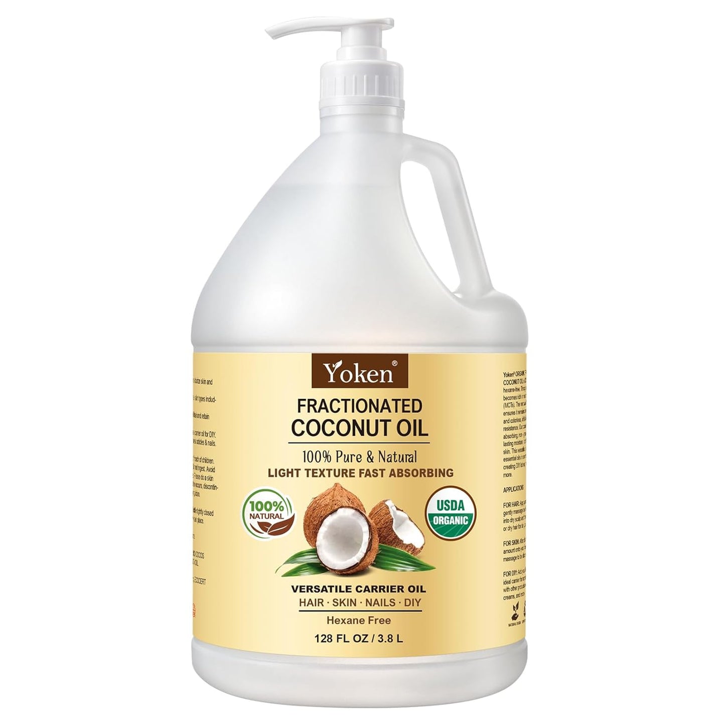 Yoken USDA Organic Fractionated Coconut Oil, 1 Gallon (128 Fl Oz), Liquid Coconut Oil for Massage & Bulk Use, Professional Body & Carrier Oil, Unscented, Hexane Free