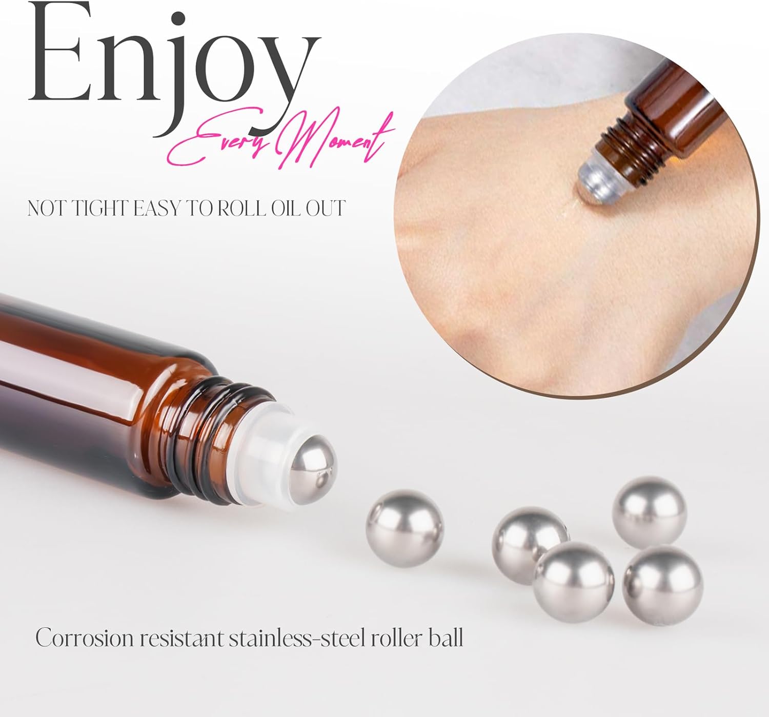 10ml Roller Bottles for Essential Oils, 6 Pack Glass Roll on Bottles, Refillable Perfume Bottle, with Stainless Steel Roller Balls, 2 Droppers, 1 Opener, Labels(Amber)