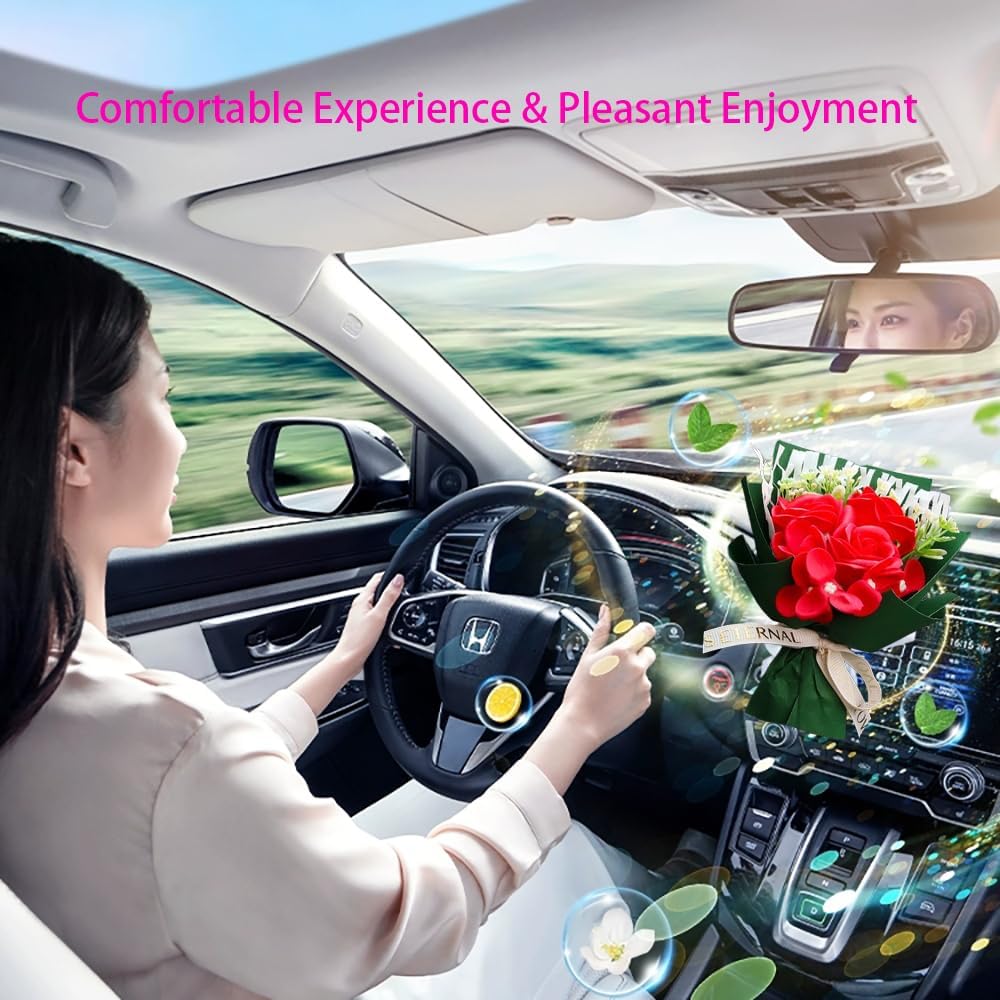 Unique Car Vent Clip Air Freshener, Aesthetic Floral Soap Rose Bouquet Diffuser Decor, Reusable Essential Oil Aroma Pad, Cute Car Accessories Gift for Women (Style A)