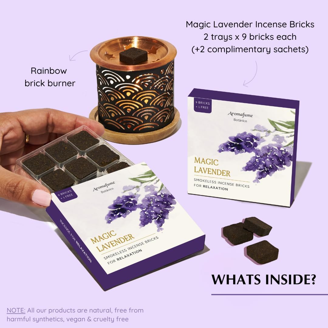 Magic Lavender Incense Bricks (2 x 9 Bricks) & Rainbow Exotic Burner by Aromafume | Made with Pure Lavender | Ideal for Meditation, Relaxation, or Yoga | Natural, Low Smoke, Non-Toxic Incense Bricks