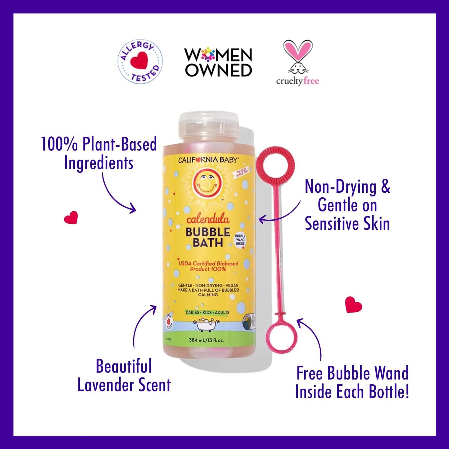 California Baby Calendula Bubble Bath | 100% Plant-Based Kids Bubble Bath | Soothing Lavender Baby Bubble Bath | Free Bubble Wand | 384 mL / 13oz