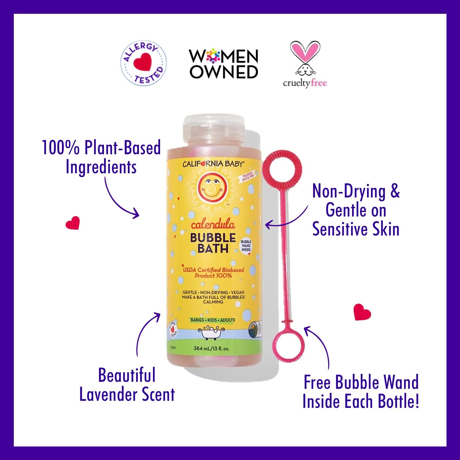 California Baby Calendula Bubble Bath | 100% Plant-Based Kids Bubble Bath | Soothing Lavender Baby Bubble Bath | Free Bubble Wand | 384 mL / 13oz