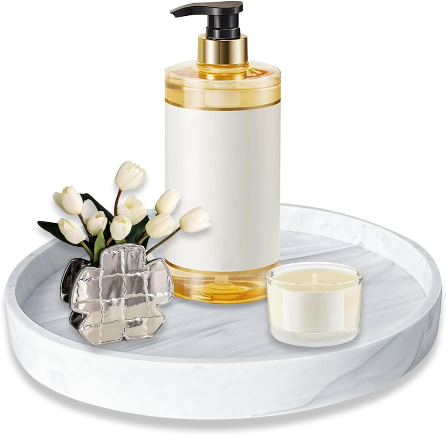 LELE LIFE Silicone Bathroom Vanity Tray, 7.1in Marble Bathroom Tray Countertop Organizer, Decorative Perfume Tray Coffee Table Dresser Counter Decor for Candle Jewelry Key (Round)