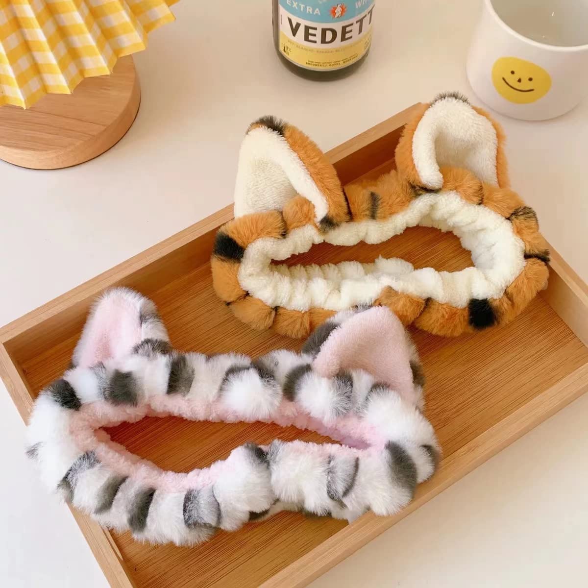 2 PCS Women Animal Ear Tiger Print Fuzzy Hairband Makeup Headband Elastic Stretch Head Wrap for Skincare Spa