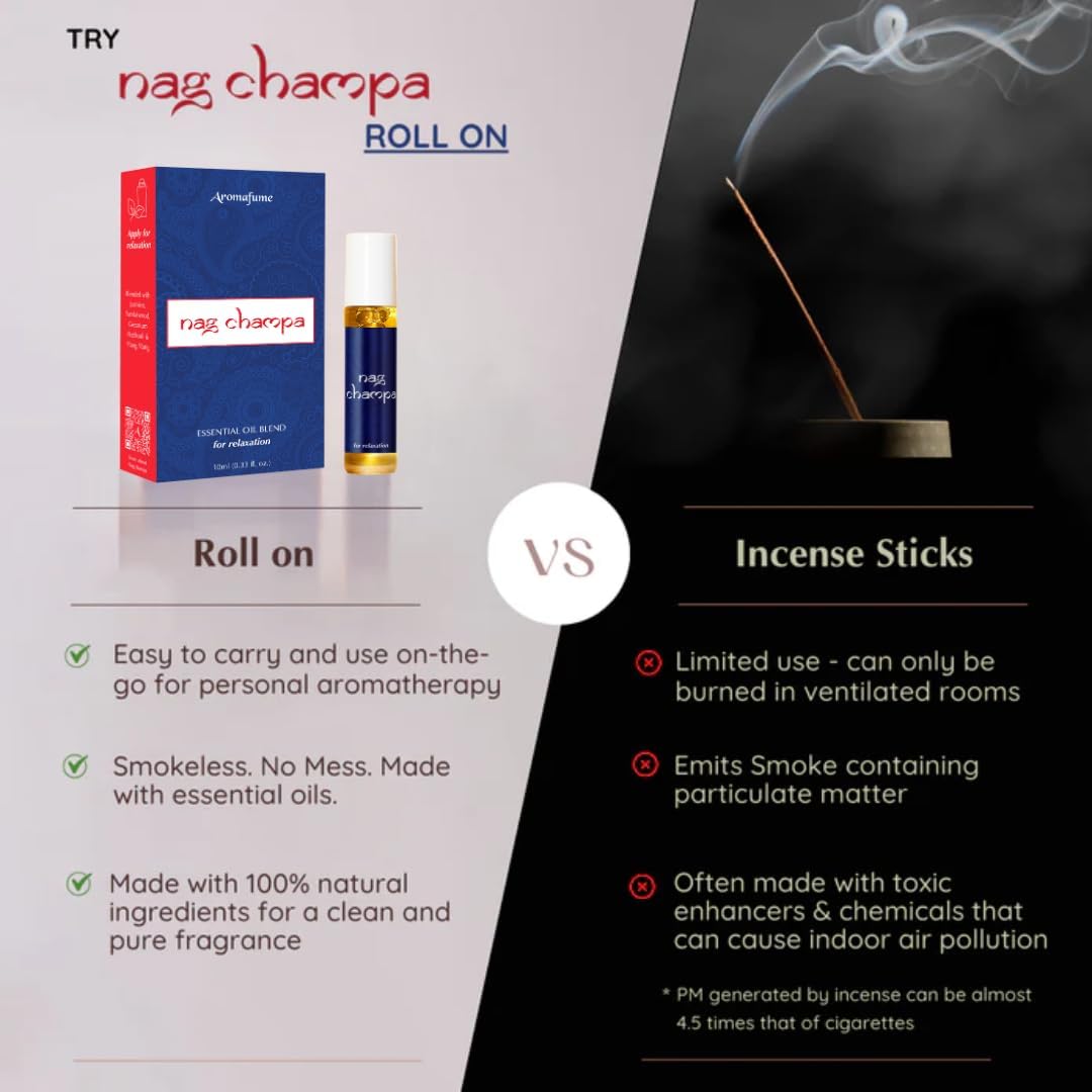 Nag Champa Essential Oil Roll-On Blend by Aromafume | 10ml | Made with Sandalwood, Jasmine, Ylang Ylang & Champa Flower extracts | Ideal for Meditation & Rituals