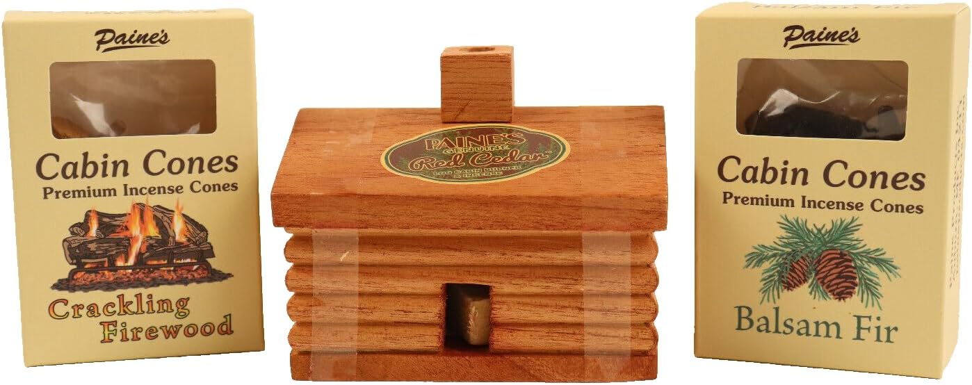 Gift Set Large Log Cabin Red Cedar Incense Burner with 10 Incense Cones Plus 25 Balsam fir Cones and 25 Crackling Firewood Cones USA Made