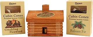 Gift Set Large Log Cabin Red Cedar Incense Burner with 10 Incense Cones Plus 25 Balsam fir Cones and 25 Crackling Firewood Cones USA Made